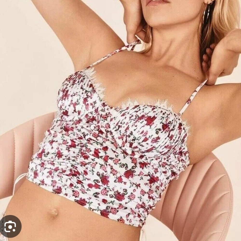 For Love & Lemons Mel rose white red floral bustier cropped top 37431